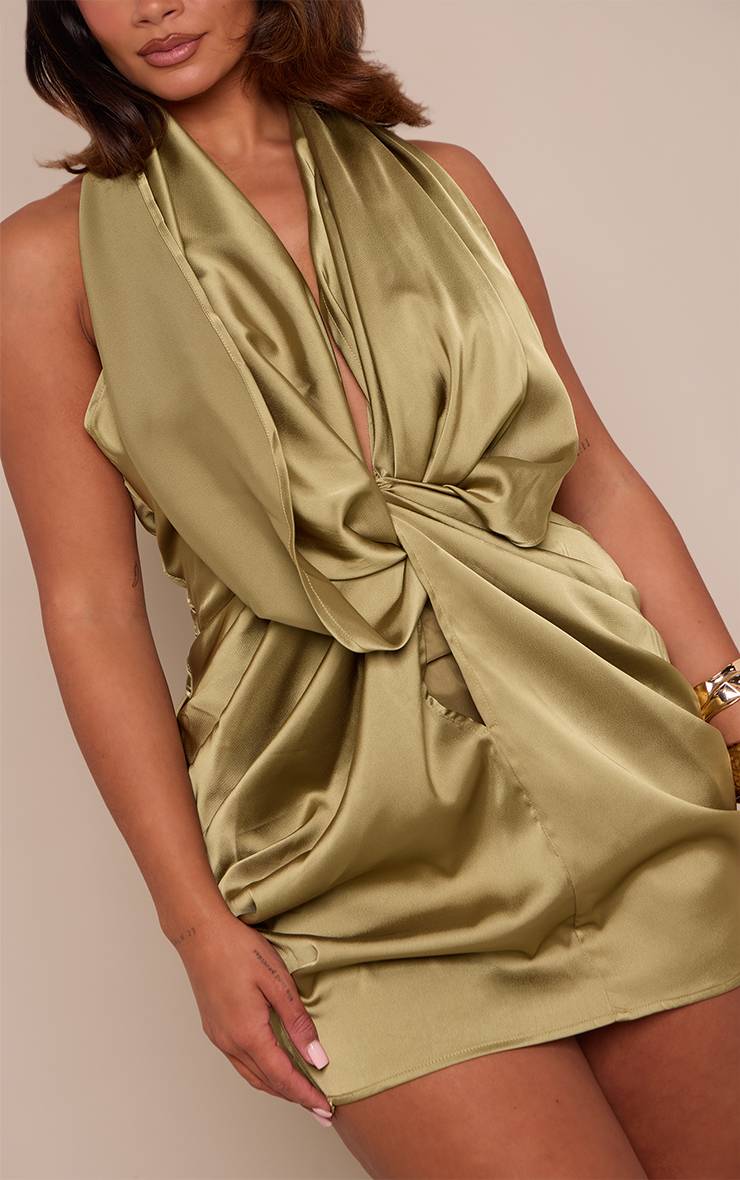 Vert Olive Robe Mini Moulante En Satin À Détail Torsadé