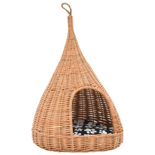 Casinha de gato em formato de tipi na cor natural com almofada.