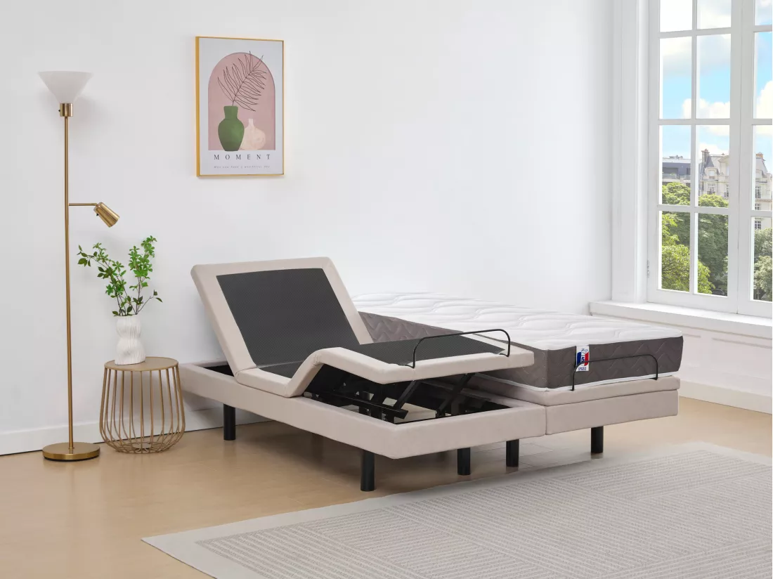 Lit électrique de relaxation déco + matelas 100% latex 3 zones - 2 x 90 x 200 cm - Tissu - Beige - PANISOLA de YSMÉE