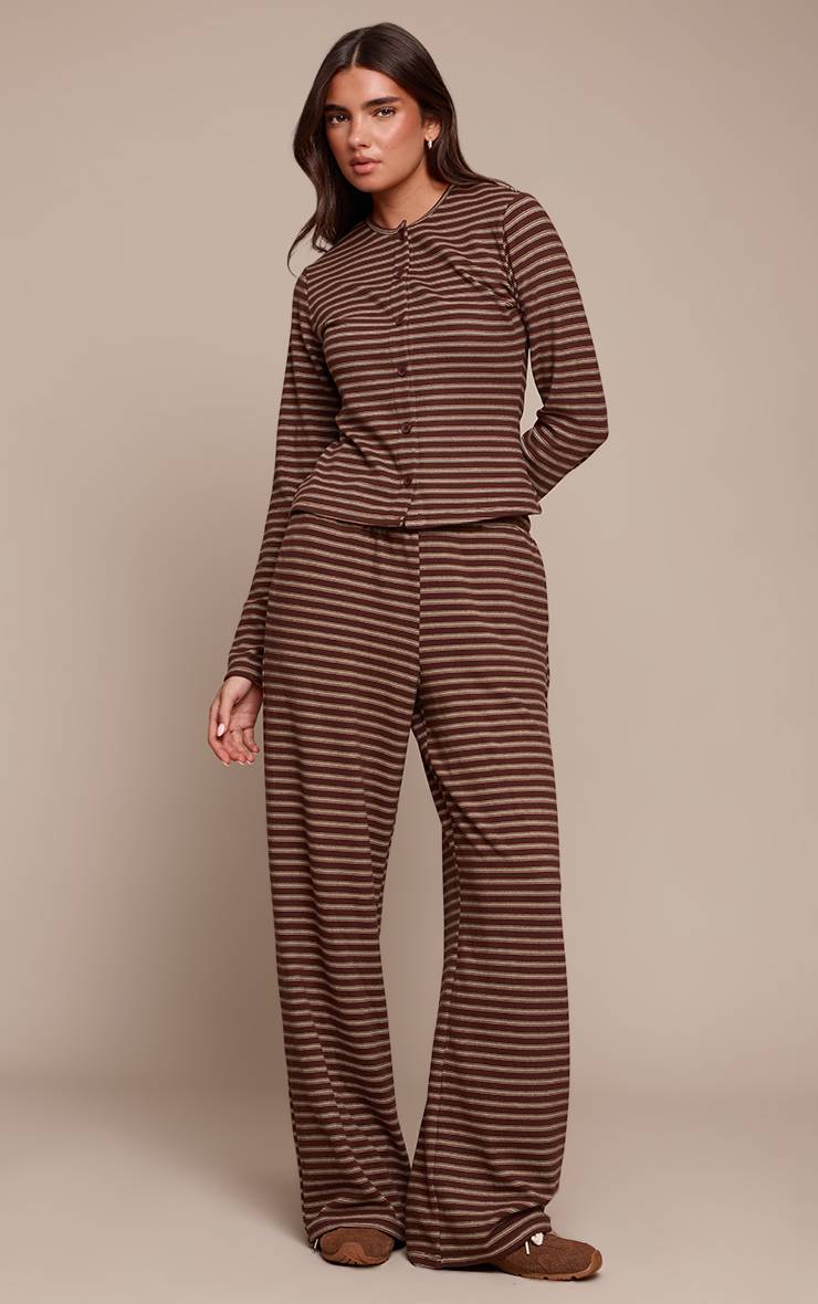 Marron Foncé Pantalon Droit Rayé En Polaire Douce