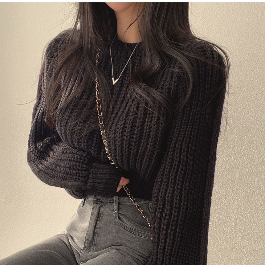 Rosesand - Effen cropped trui met pofmouwen