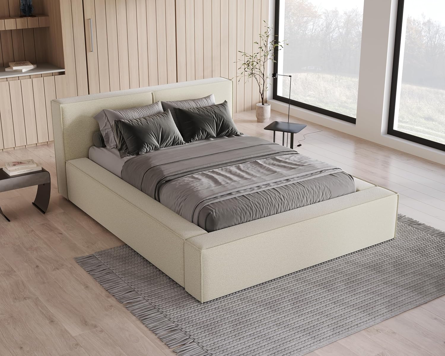 Chilly. Design Bett Lugano - Polsterbett 200x200 mit Bettkasten, Lattenrost und Kopfteil - Eleganter Bouclé-Stoffbezug Beige
