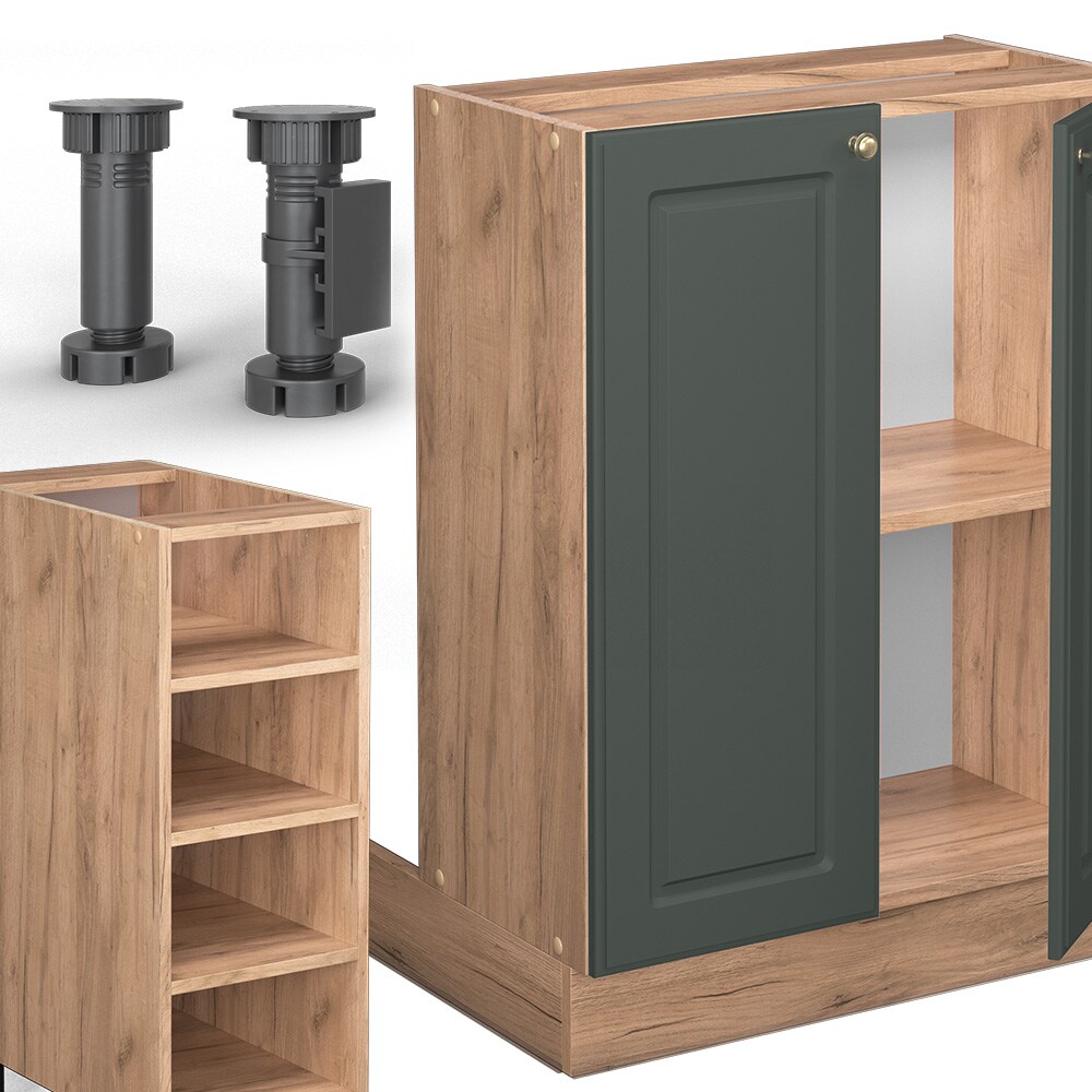 Vicco Kücheninsel Küchenblock Einbauküche Fame-Line Landhaus Eiche Grün 90 cm Gold Küchen Schränke Regalunterschrank Küchenunterschrank Regalinselunterschrank Softclose-Scharnier Küchenmöbel