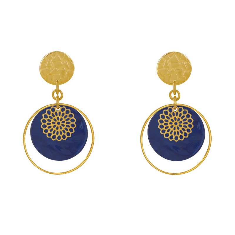 Boucles d'Oreilles Clous Métal Doré Cercle et Pastille de Nacre