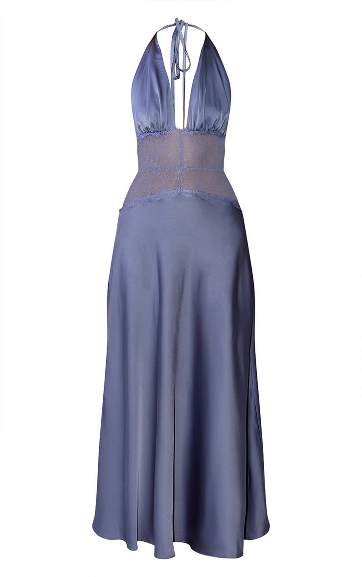 Blue Grey Robe Longue En Satin Avec Empiècement En Dentelle Contrastante