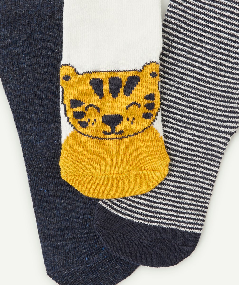 LOT DE 3 CHAUSSETTES BLEU ET JAUNE AVEC TIGRE BÉBÉ GARÇON