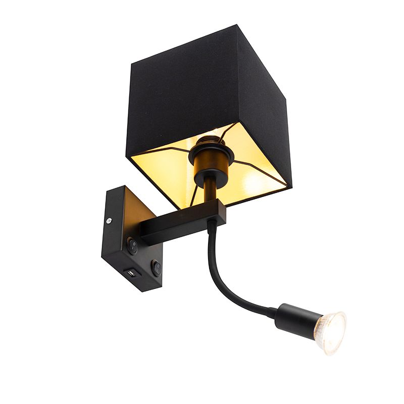 Moderne wandlamp zwart met USB en vierkante zwarte kap - Zeno