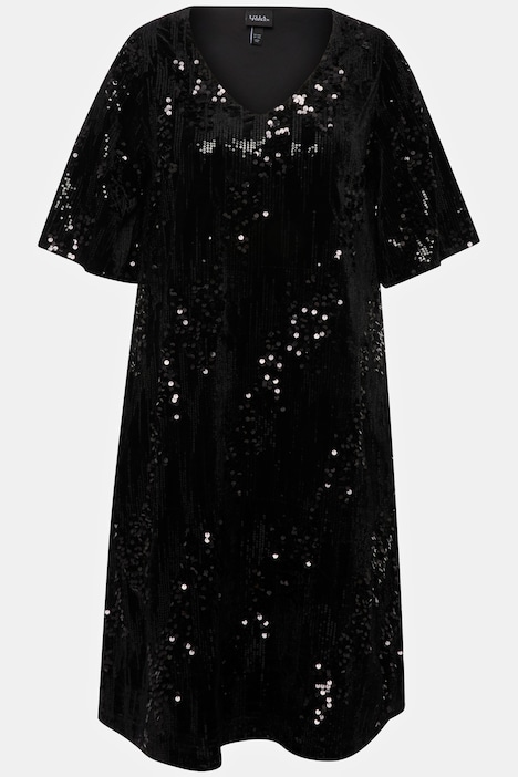 Samtkleid, Pailletten, A-Linie, V-Ausschnitt, 3/4-Arm