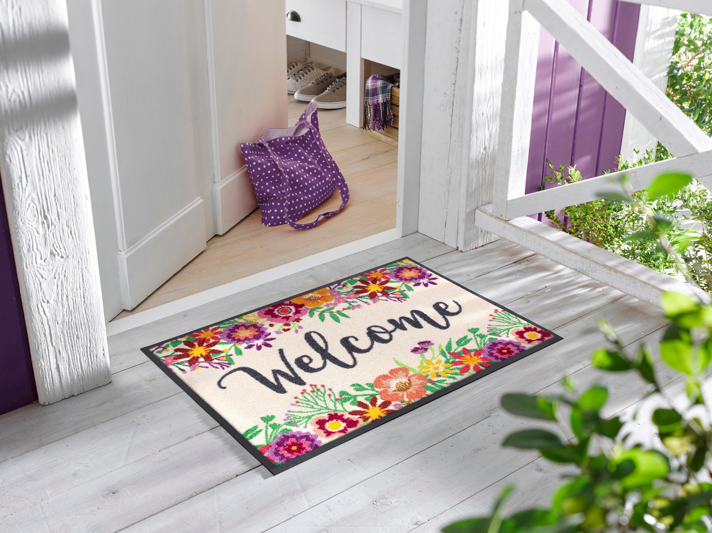 wash+dry by Kleen-Tex Fussmatte »Welcome Blooming« rechteckig 7 mm Höhe Schmutzfangmatte, mit Spruch, rutschhemmend, waschbar