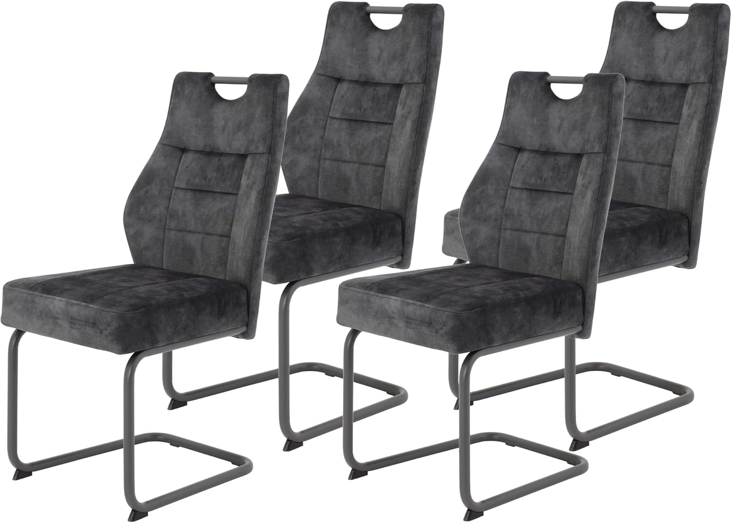 Hela Tische, 4er Set Esszimmerstuhl Schwingstuhl Linda, Mikrofaser Anthrazit, Rundrohgestell grau, Komfortsitz Federkorb, 140kg belastbar
