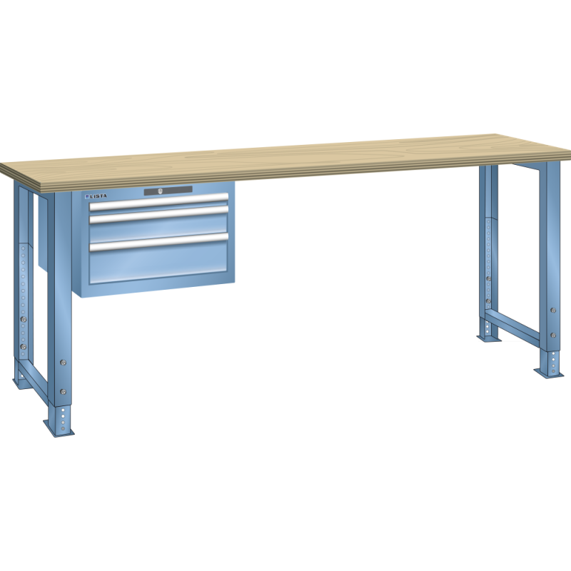 Établi Lista 27x36E - Hauteur ajustable 75 à 110 cm x L 200 x P 80 cm - plateau en hêtre massif, 3 tiroirs