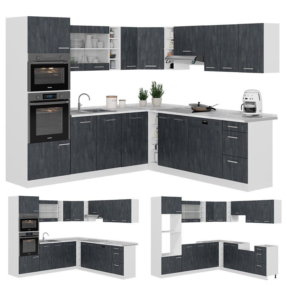 Vicco Eckküche R-Line 247x237 cm Schwarz Beton Weiß mit Arbeitsplatte Weiß Marmor
