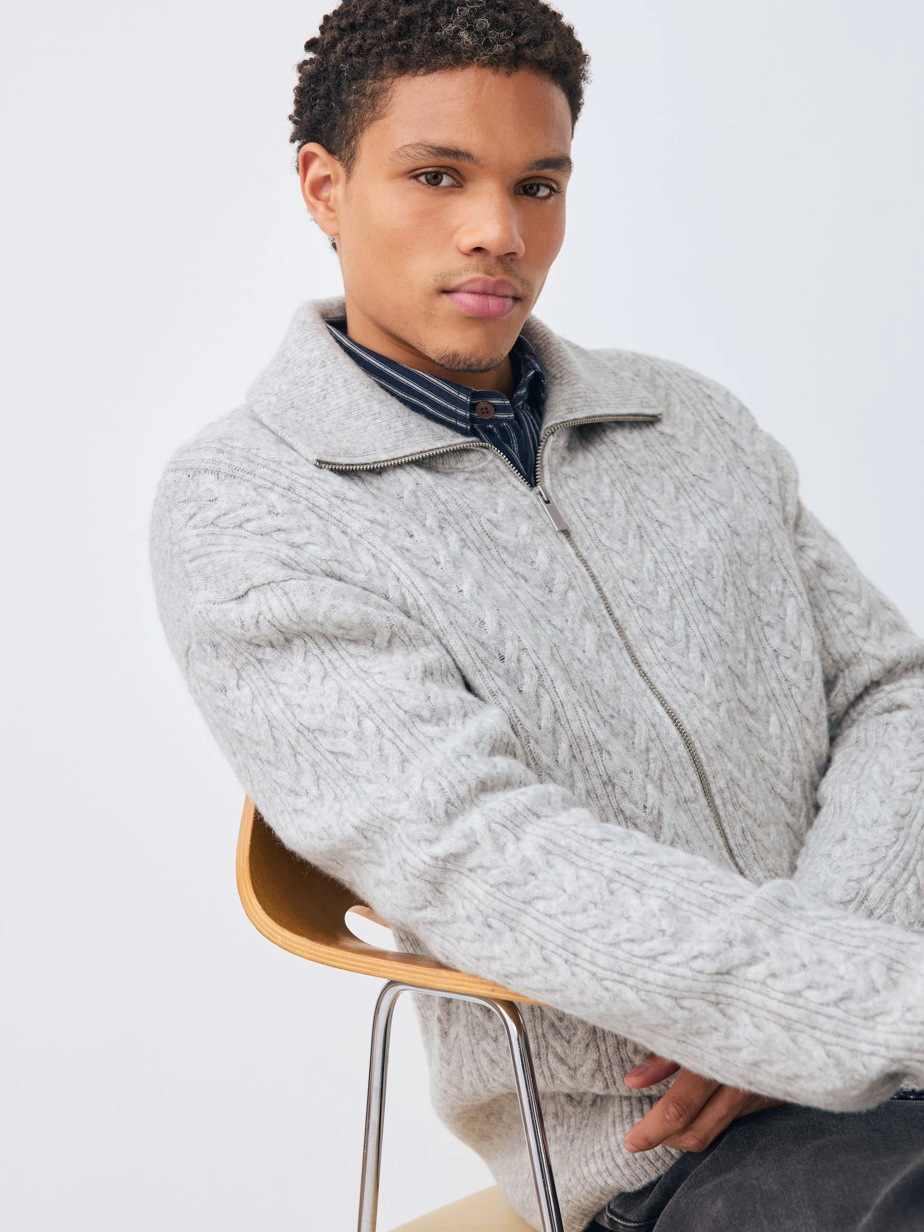 Grijs - Relaxed Fit Cosy Zip Through Collared Cardigan with Wool