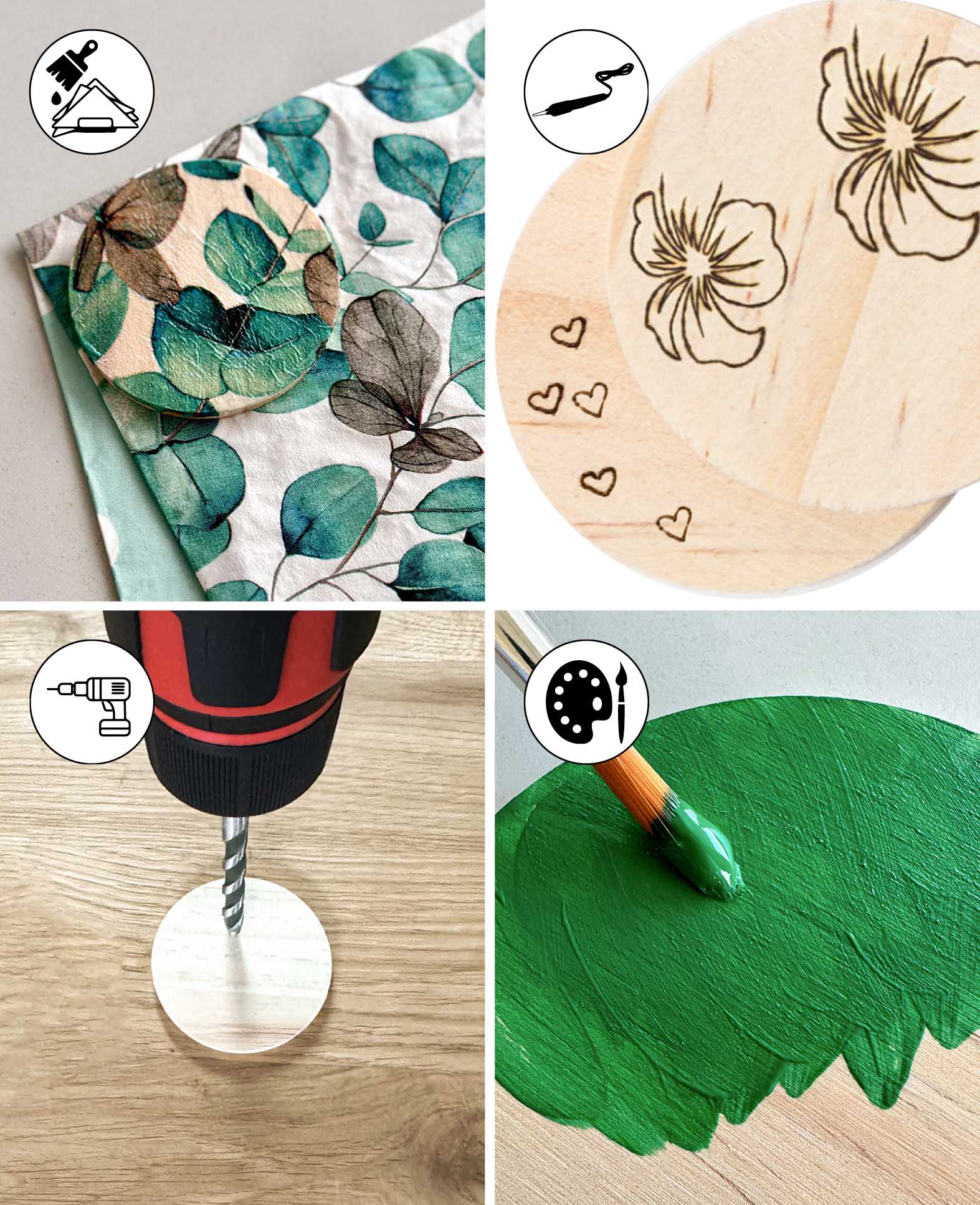 (4er Set) Kieferholz Holzscheiben für DIY / Dekorieren - Braun