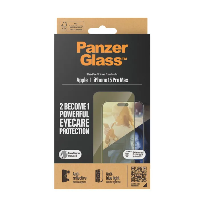 PanzerGlass™ | Ultra-Wide Fit - Skærmbeskyttelse til mobiltelefon - EyeCare Protection | Apple iPhone 15 Pro Max