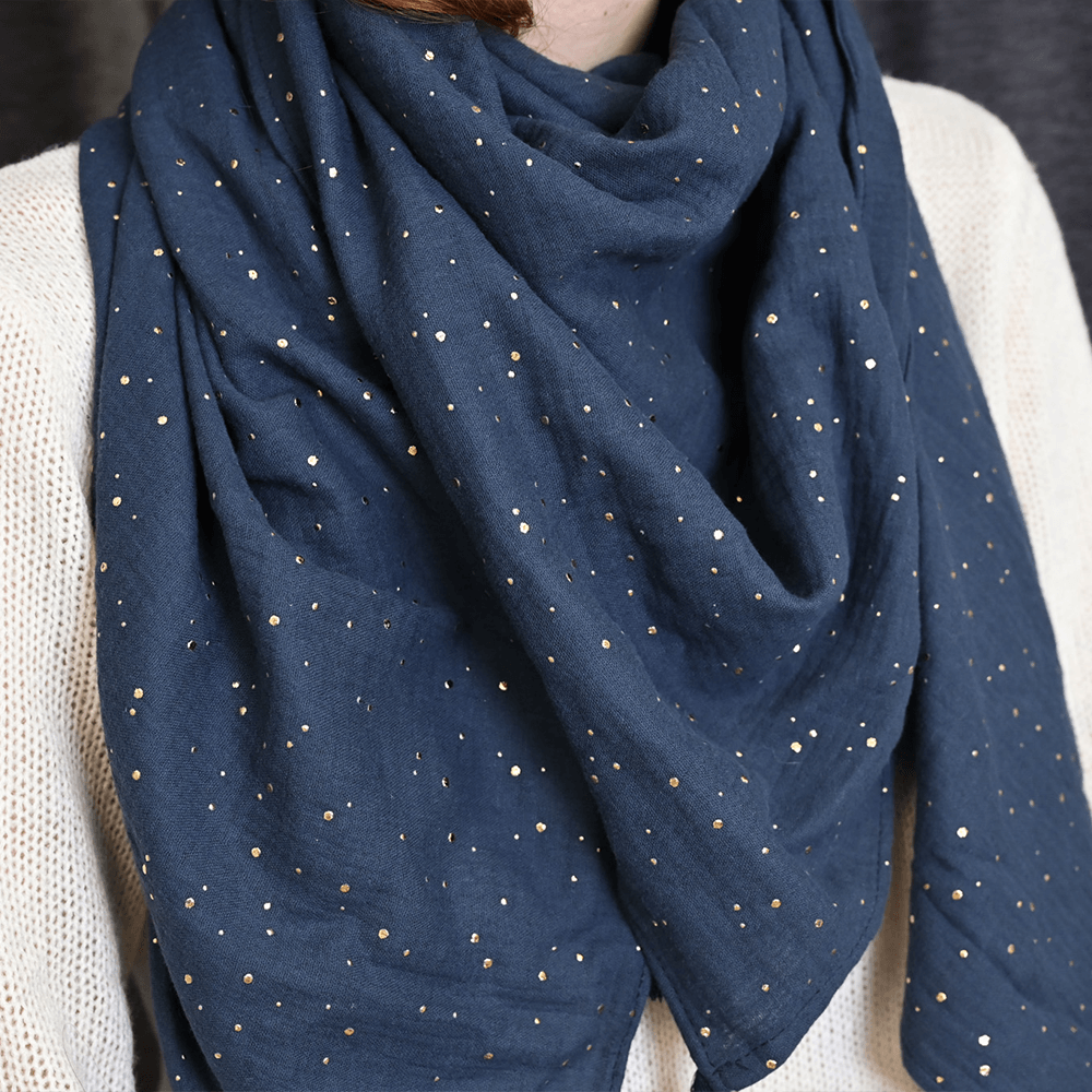 Foulard Pompon Gaze Pois Or Marine