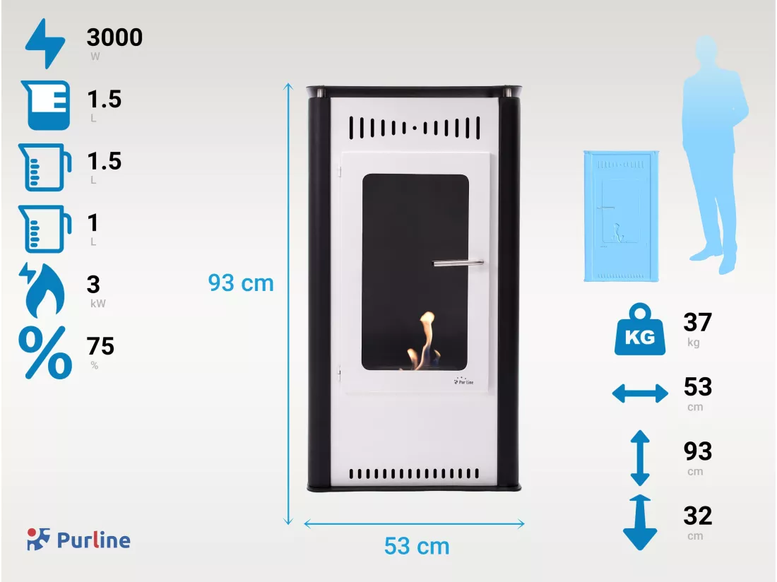 Poêle à éthanol 3kW en acier blanc avec porte en verre trempé