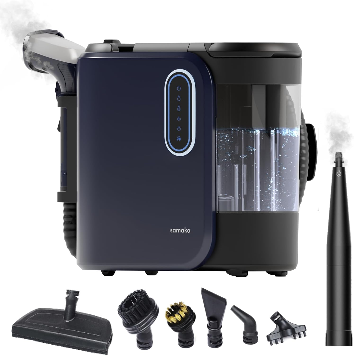 SAMAKO PowerClean Pro – Polsterreiniger Gerät mit Dampf-Funktion & HEPA-Filter – Tiefenreinigung für Teppiche, Polster & Sofas – Große Wassertanks & 8 Aufsätze mit PrecisionClean-Technologier, Blau