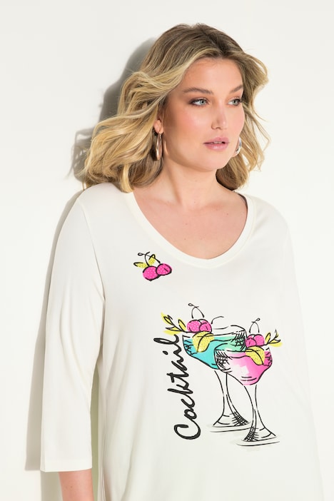 T-Shirt, A-Linie, Cocktail-Motiv, 3/4-Ärmel