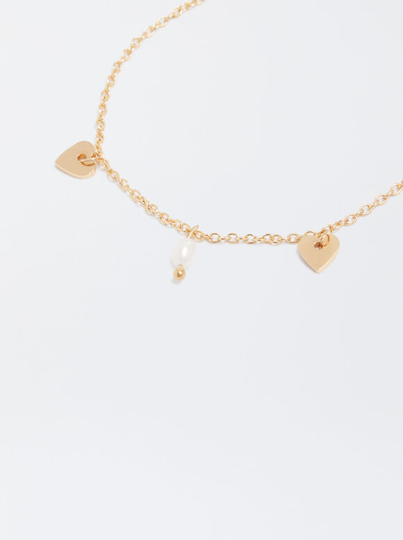 Pulseira com pérola e corações - Dourada