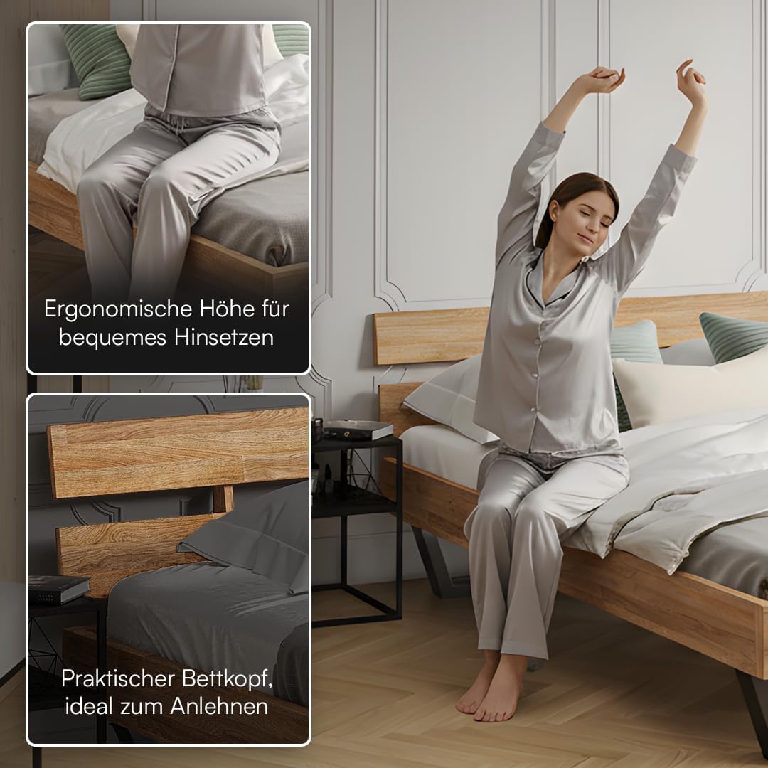 skølm Alver Massivholzbett 180x200 cm – Bettgestell aus Massivholz Eiche geölt – Holzbett mit schwarzen Metallkufen – hochwertiges Bett mit 2 Streben als Bettkopf – Bettrahmen geeignet als Doppelbett
