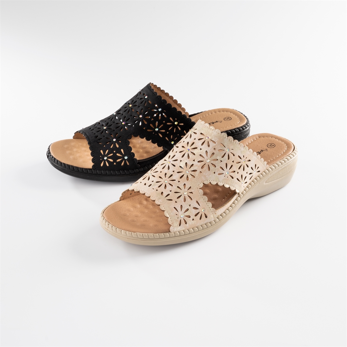 Mules détails ajourés/strass beige