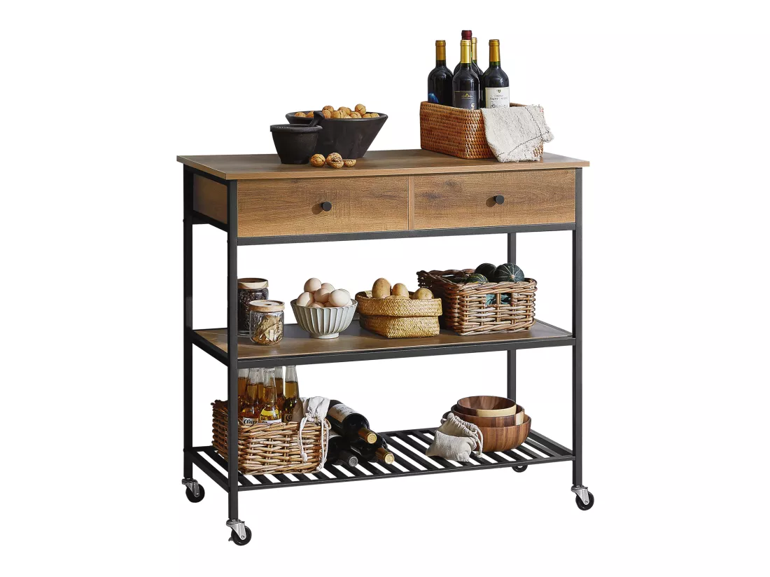 Desserte Roulante Chariot De Cuisine De 2 Étages Chariot De Service Avec 2 Tiroirs, Fkw112-pf