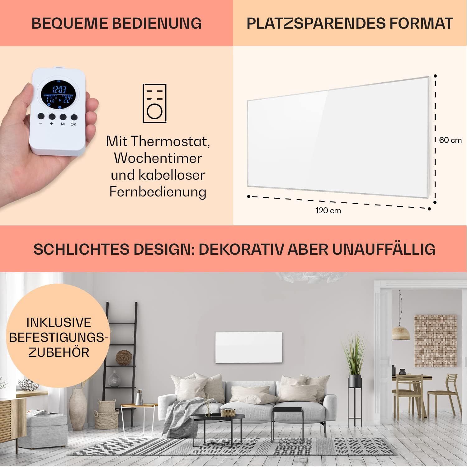 Klarstein Infrarotheizung mit Thermostat, 720 Watt Elektroheizung, Bild-Infrarotheizung zur Wandmontage, IR Paneel mit Fernbedienung & Timer, Elektrischer Flach-Heizkörper, CO2-Freie Wand Heizung
