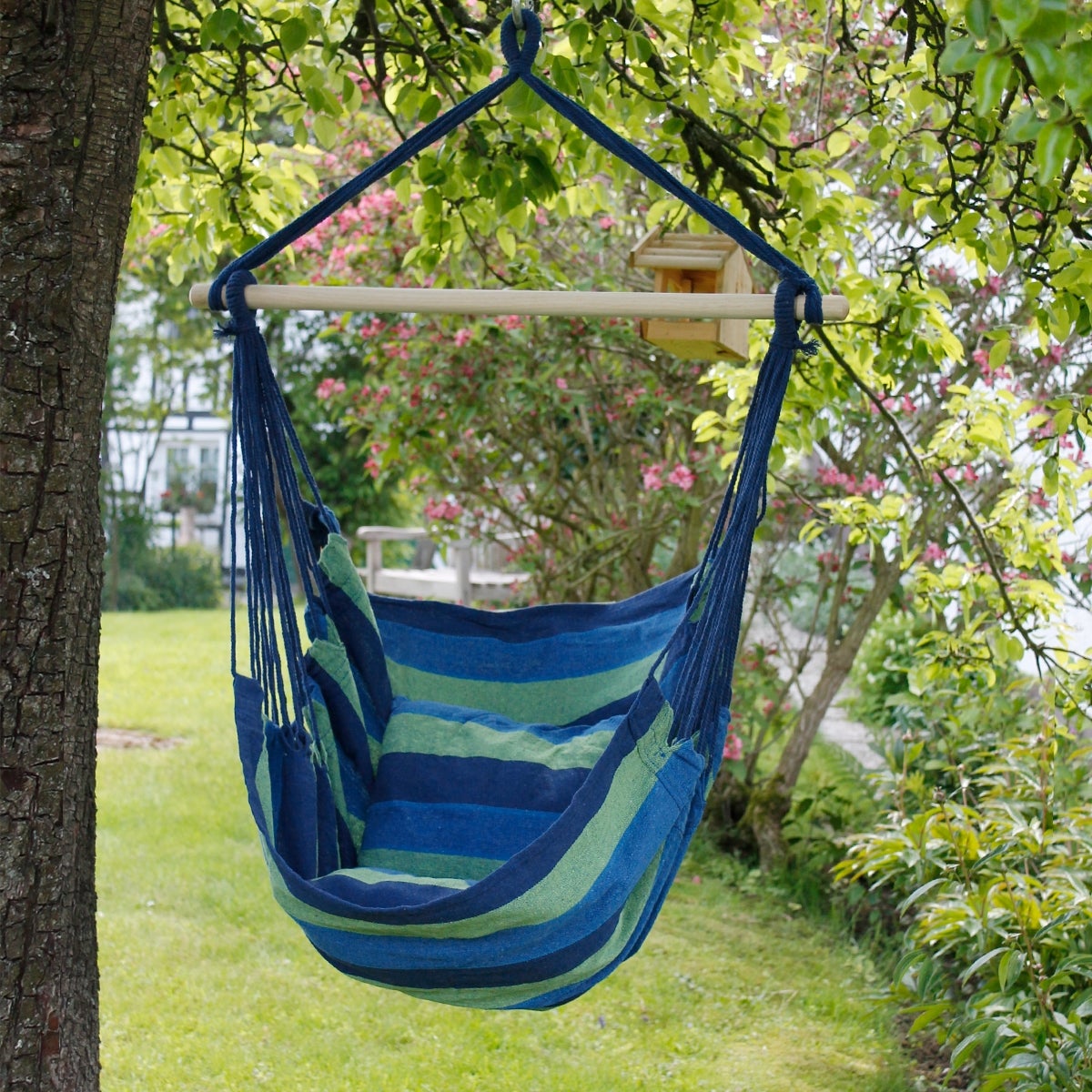 ECD Germany Hangstoel Blauw/Groen met Zwart Frame 208 cm, Hangstoelschommel van Katoen met 2 Kussens tot 120 kg, Vrijstaand Hangstoelframe van Metaal, Hangende Zitstandaard