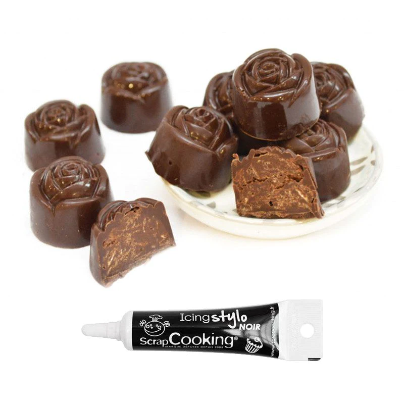 Moule à chocolats rigide Roses + Stylo de glaçage noir Scrapcooking