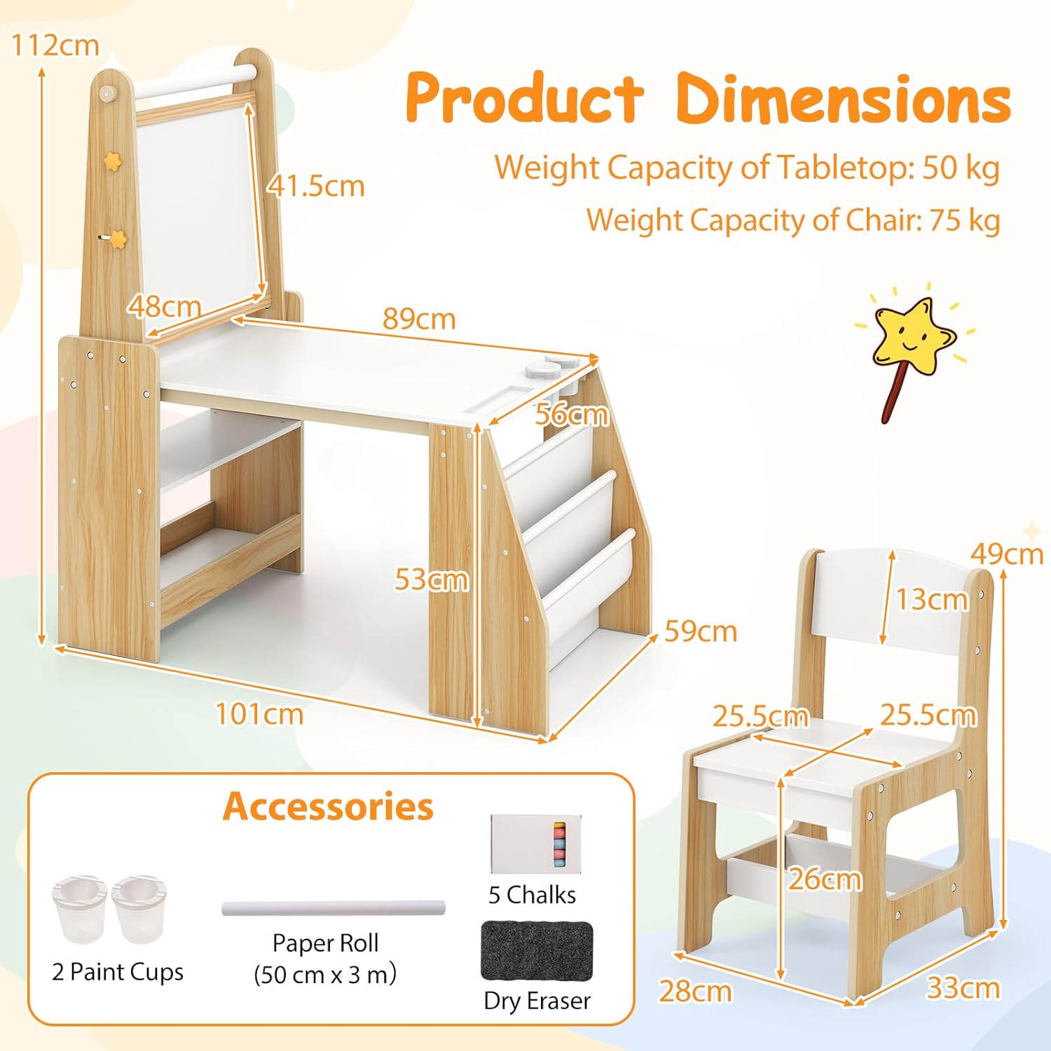 COSTWAY Kindertisch mit Stuhl & Staffelei, Kindersitzgruppe Holz mit Whiteboard & Kreidetafel & Bücherregal, Maltisch inkl. Papierrolle & Zubehör, 3 in 1 Sitzgruppe für Kinder ab 3 Jahren (Natur)