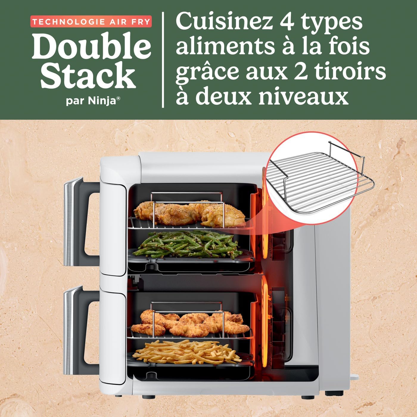 NINJA Double Stack XL Air Fryer, Friteuse sans huile Verticale Double Tiroir 4 Niveaux de Cuisson, 2 Tiroirs, 2 Grilles, Capacité de 9,5 L, 6 Fonction