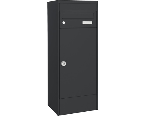 MEFA pakketbrievenbus, gepoedercoat staal, BxHxD 410/1025/325 mm, Mana 482, zwartgrijs RAL 7021, zijdemat, frontuitname, 2 compartimenten met naamplaatje