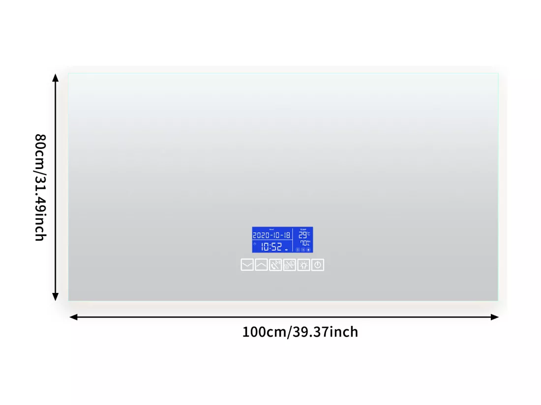 Miroir de salle de bain rond lumineux 80x100 cm,avec haut-parleur Bluetooth, avec affichage de la température et fonction désembueur, avec éclairage LED, réglage à six boutons, avec interrupteur tactile