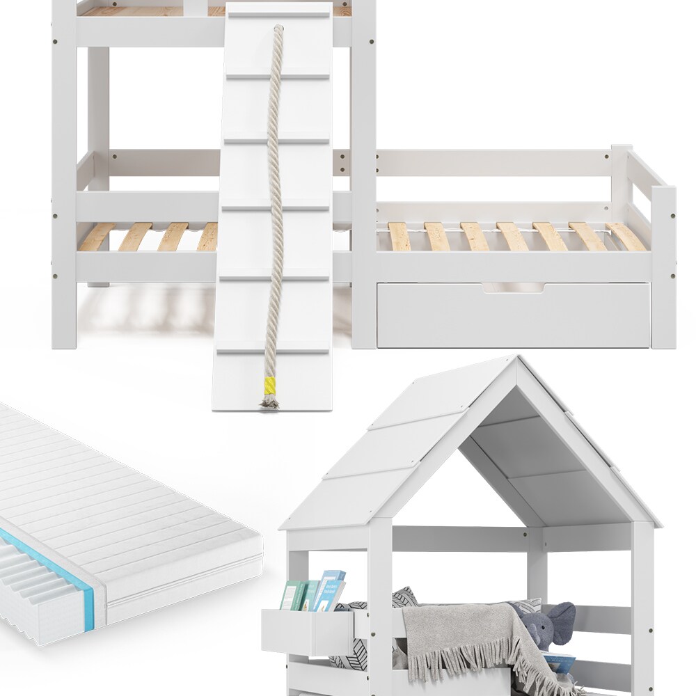 VitaliSpa Spielturmbett Kinderbett Spielbett Teddy Weiß modern 208x235 cm Massivholz Kinderzimmer Lattenrost Bett Schublade Matratze Abenteuerbett Kletterbett