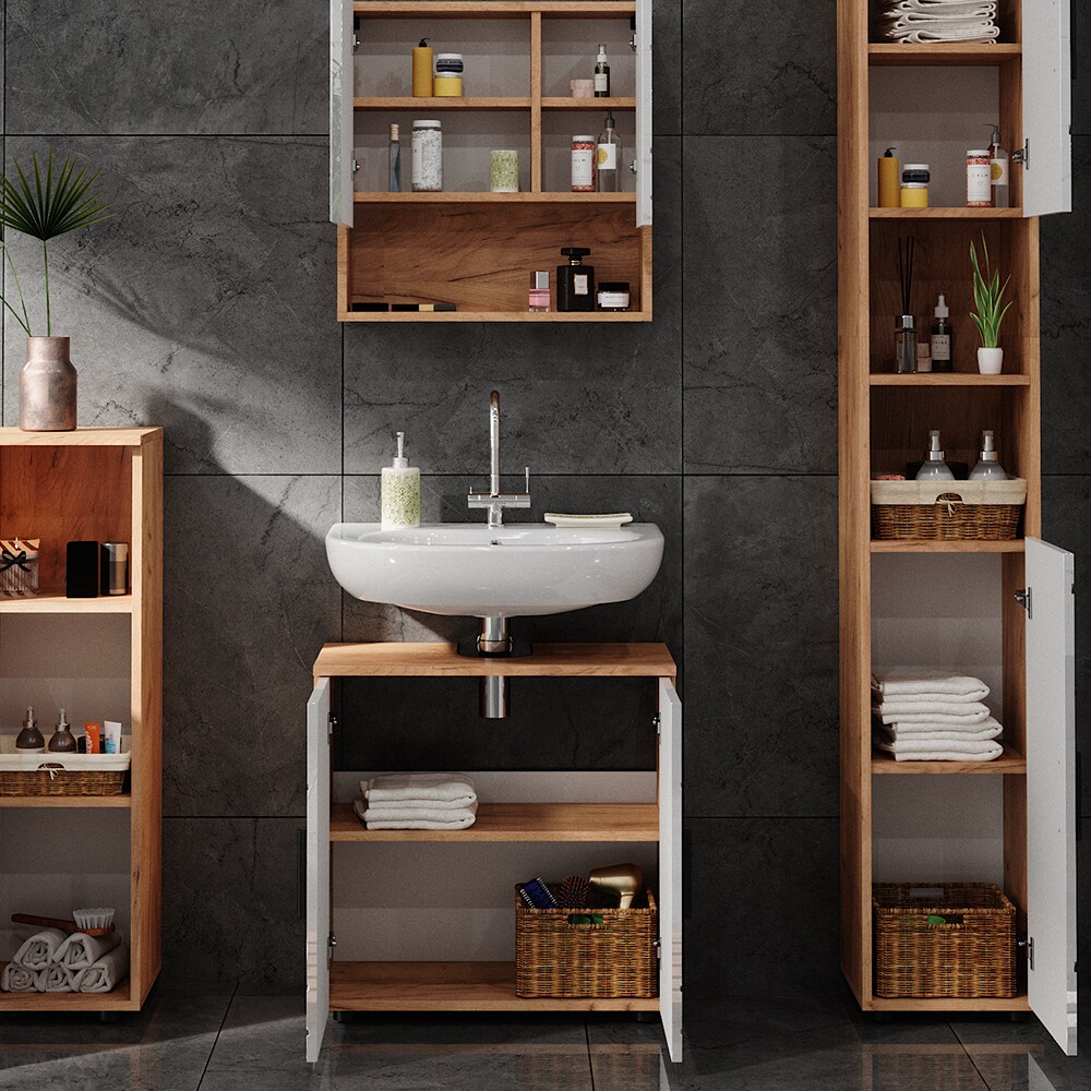 Vicco Badmöbelset Irma Eiche Weiß Hochglanz modern Badezimmerschrank Badschrank Badezimmermöbel Waschtischunterschrank Spiegelschrank Hochschrank Midischrank Schranktür Schrankfach
