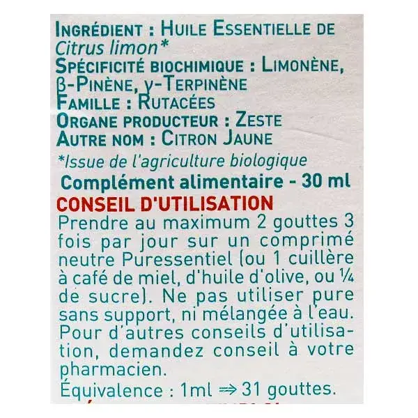 Puressentiel Huile Essentielle de Citron Bio 30ml