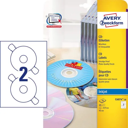Avery Zweckform C6074-20 CD-Etiketten ClassicSize,A4 Ø 117 mm, 20 Bogen/40 Etiketten, weiß
