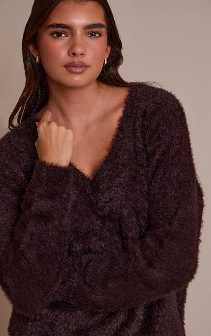 Chocolat Synthétiquell En Maille Duveteuse Col V Oversize