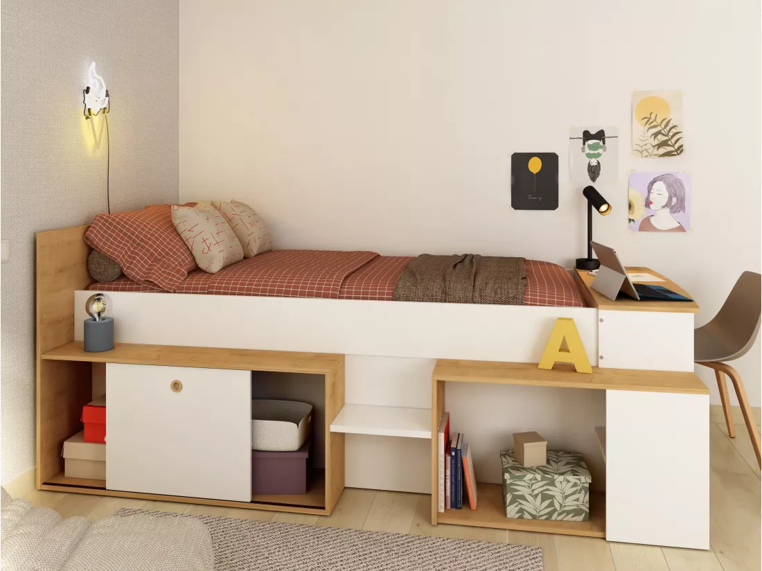 Lit combiné 90 x 200 cm avec bureau et rangements - Blanc et naturel + Sommier + Matelas - PALOMA