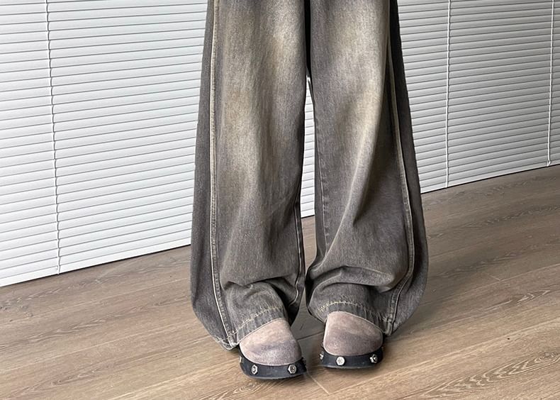 AXEN - Mid Rise Washed Wide Leg Jeans