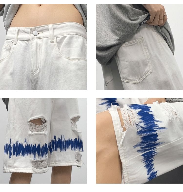 Hushgrain - Mid Rise Print Distressed Washed Denim Shorts
