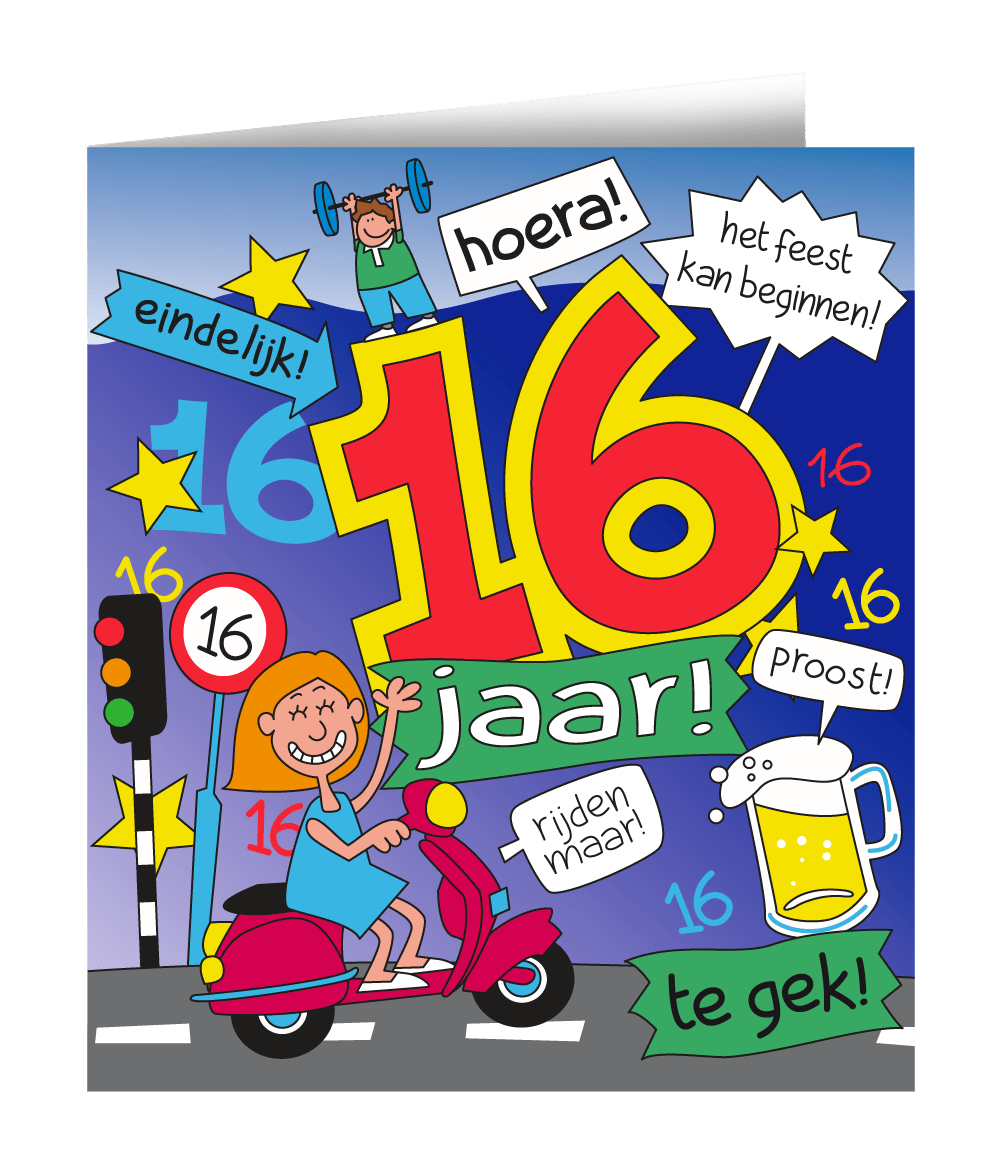 Verjaardagskaart 16 Jaar Cartoon 16,5cm