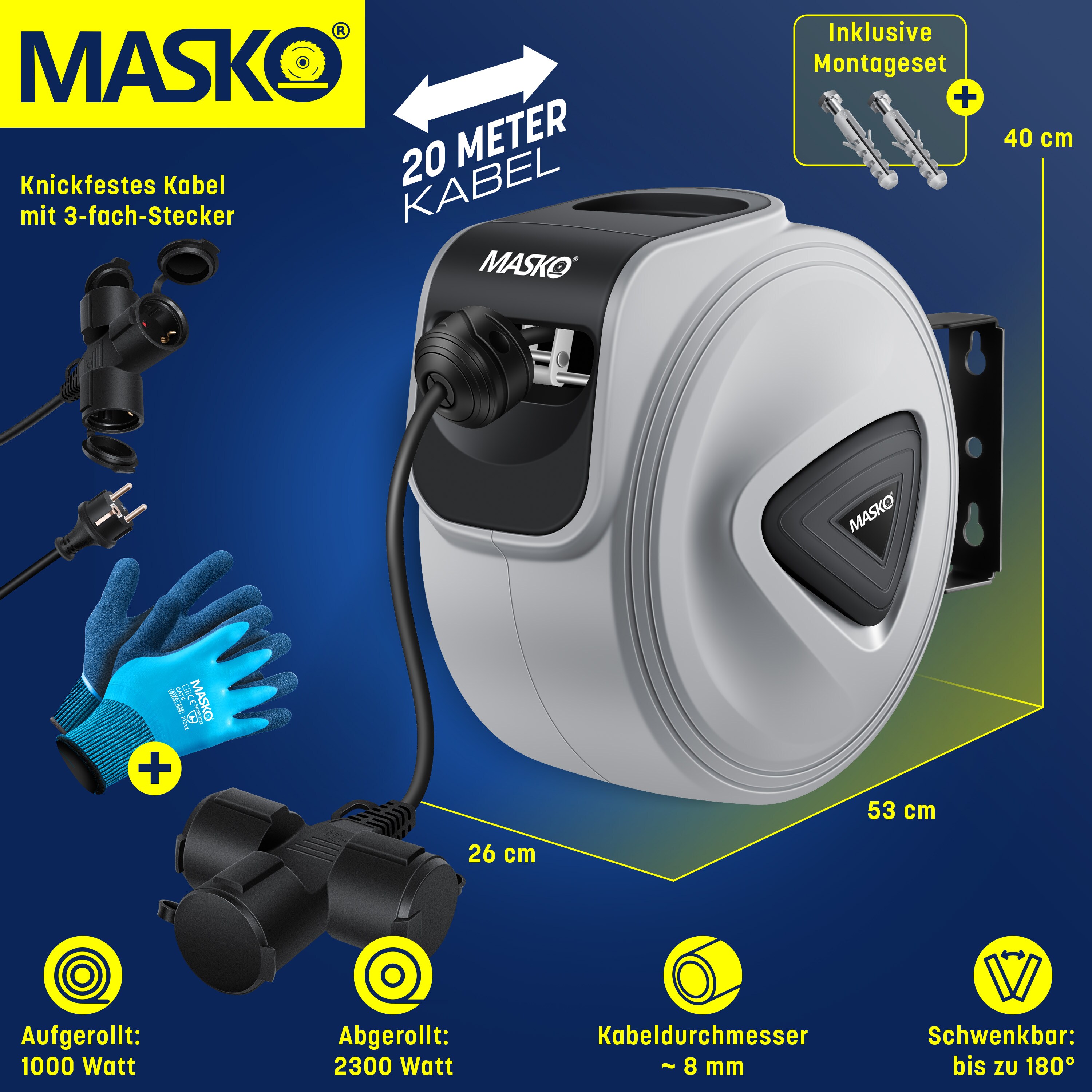 MASKO® Automatik Kabeltrommel Verlängerungskabel mit 3-Fach Anschluss 180° drehbar 1,5m Zuleitung Wandhalterung Werkstatt Kabelaufroller Automatisch Stromtrommel Schlauchaufroller Inkl. Handschuhe