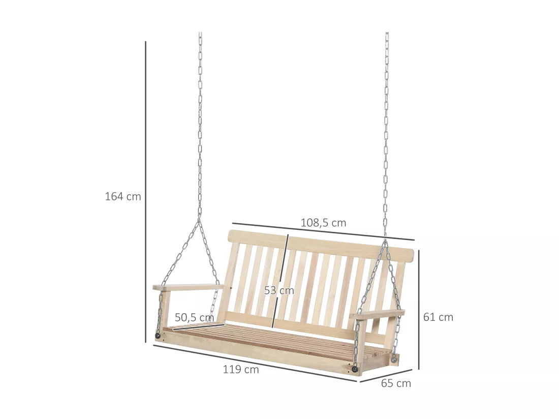 Banc suspendu 2 places en bois - dossier assise à lattes - max. 200Kg - chaînes réglables acier galvanisé