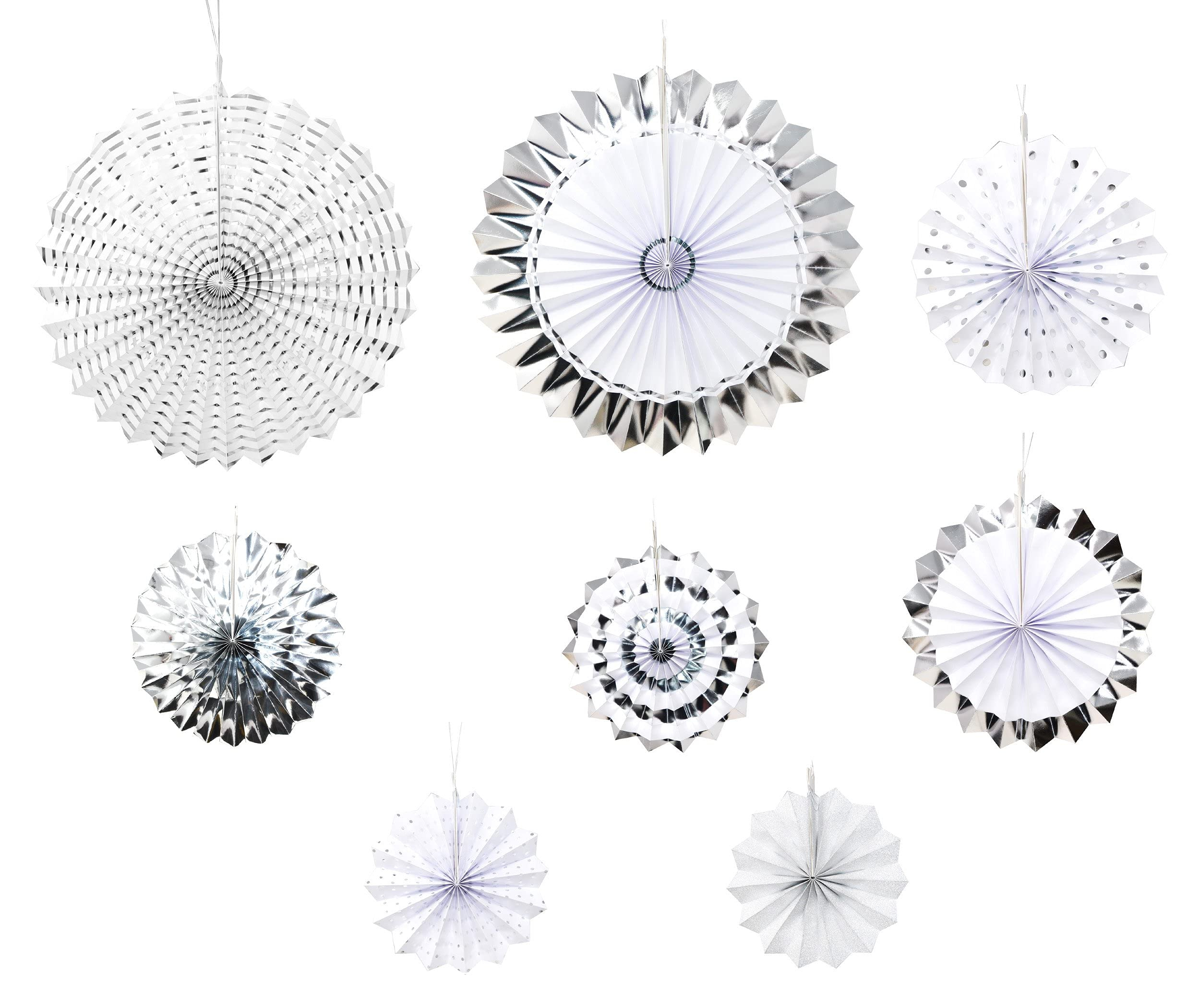 (8er Set) Papier Fächer Deko Rosetten Party / Geburtstag / Hochzeit - Weiss / Silber