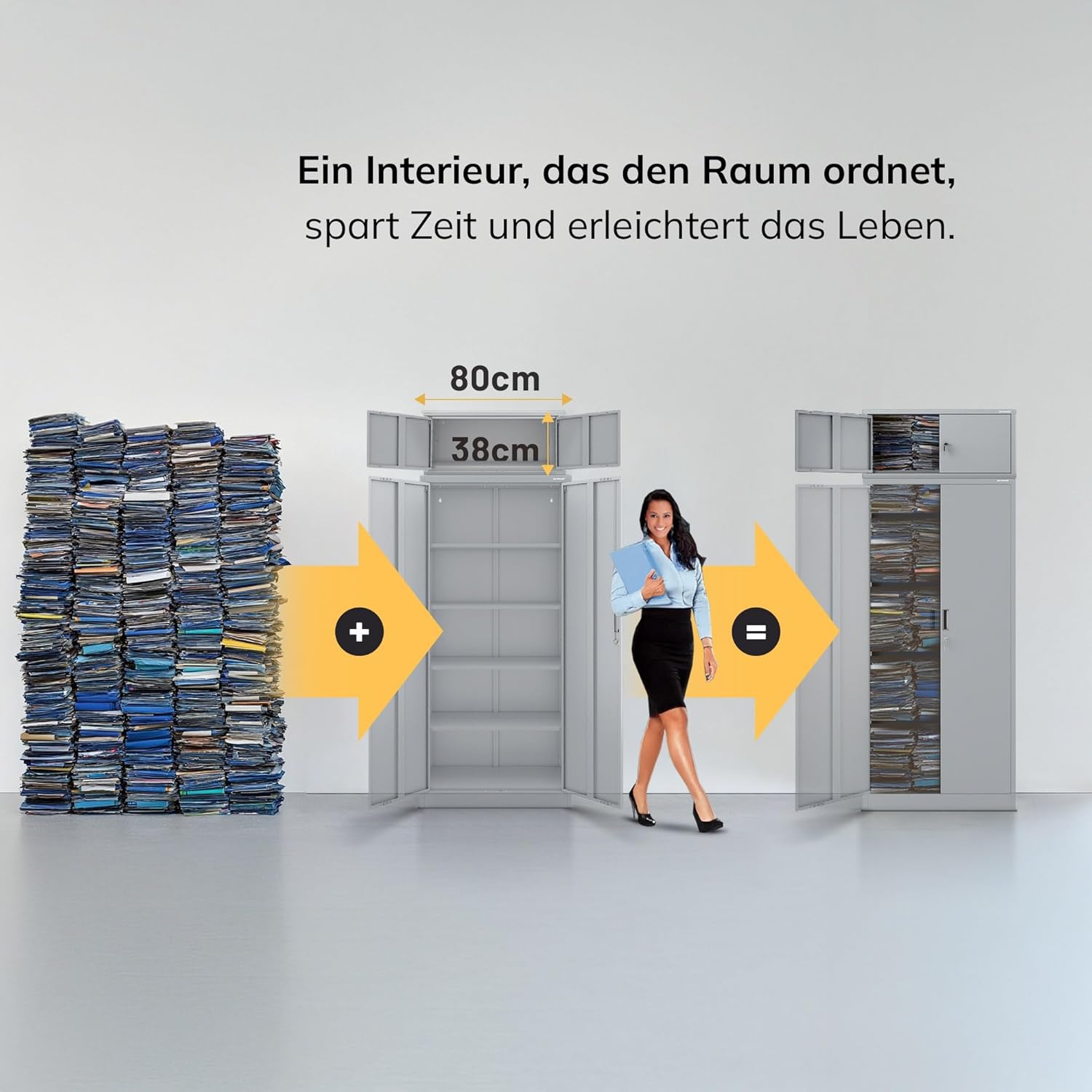 Jan Nowak Aktenschrankaufsatz C01L Aufsatz für Aktenschrank Büroschrank Metall Pulverbeschichtung Flügeltüren 38 x 80 x 40 cm (Grau)