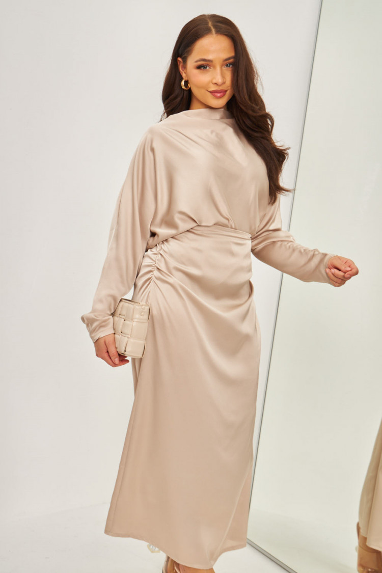 Ensemble 2 pièces blouse + jupe satiné beige