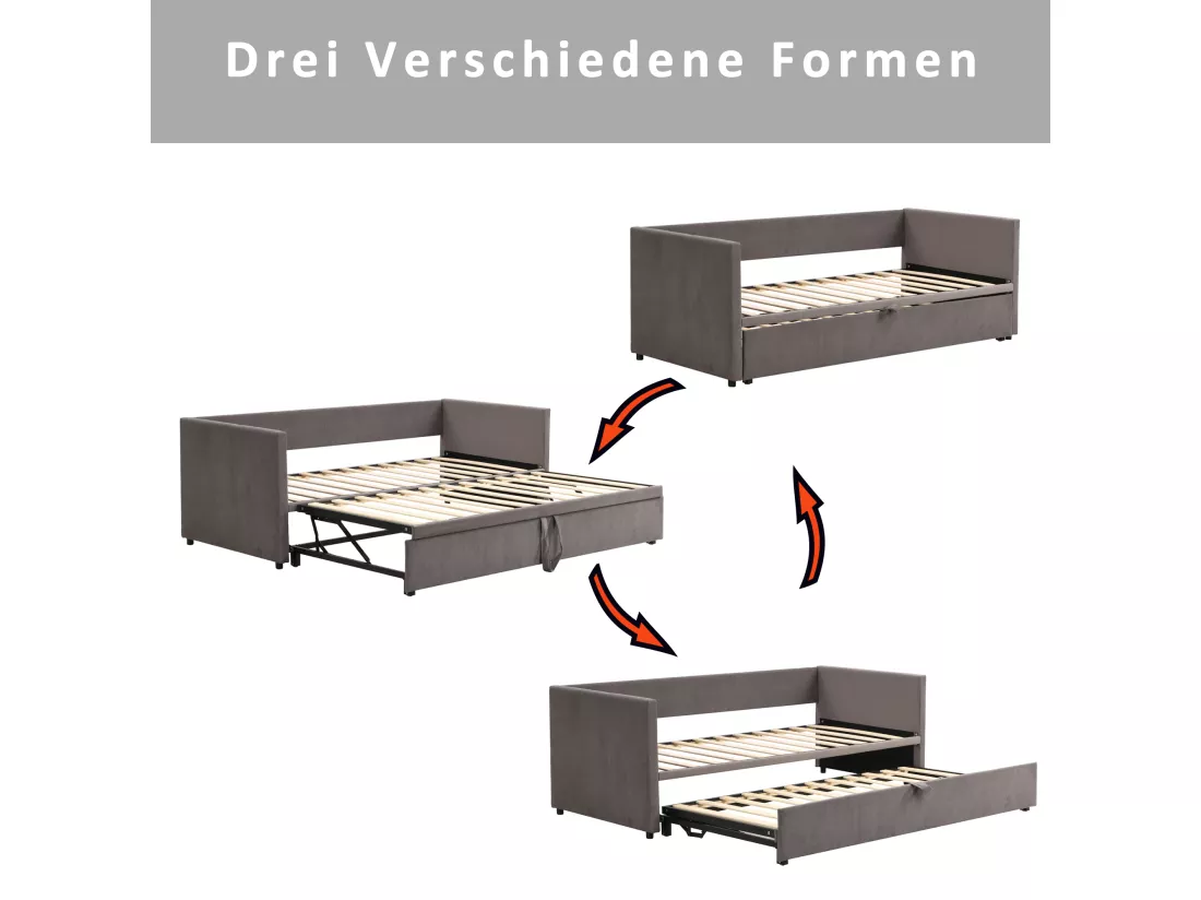 Lit gigogne 90/180 x 200 cm pour enfants - velours - style contemporain - coloris gris