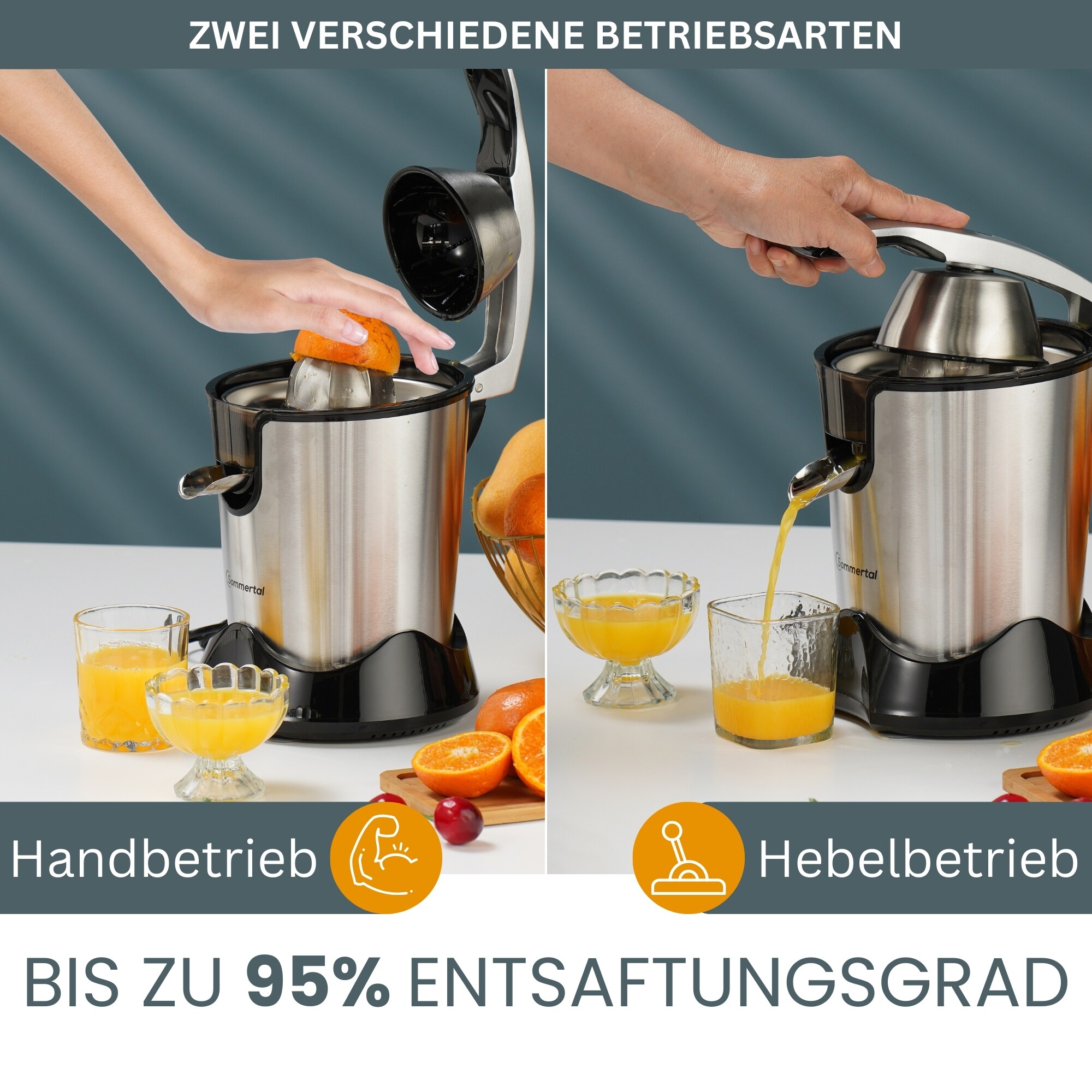 Sommertal Zitruspresse CP850 elektrische Saftpresse inkl. 2 Presskegel, manuelle Handpresse, Orangenpresse Zitronenpresse aus Edelstahl, Juicer Entsafter mit starkem 850W Motor